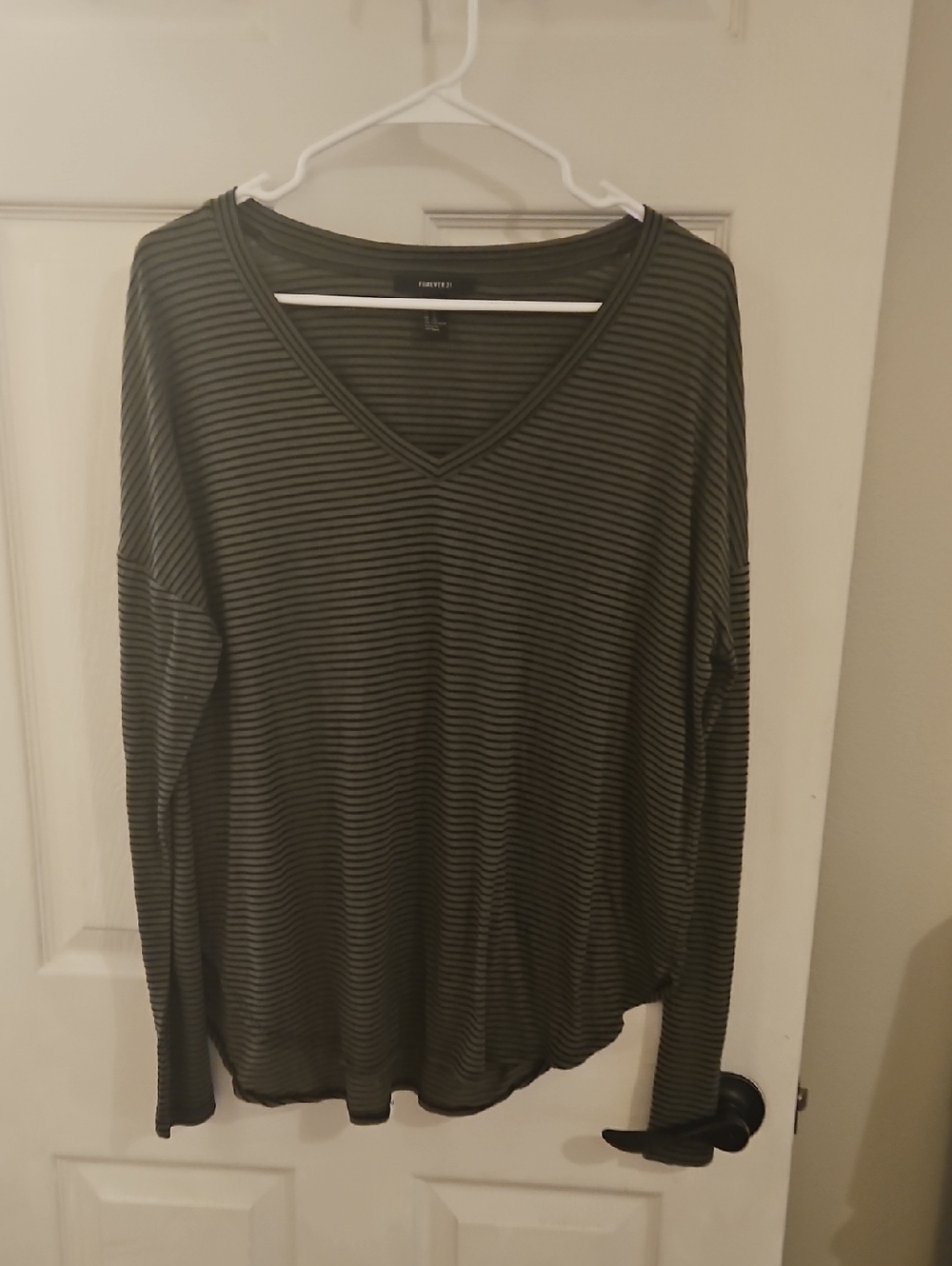 Forever 21 Olive Green & Black Striped V-Neck Top